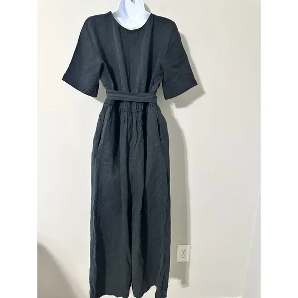 VETTA Capsule Black Wrap Jumpsuit Short Sleeve Wide Leg Tencel Linen Size M EUC - Picture 5 of 8